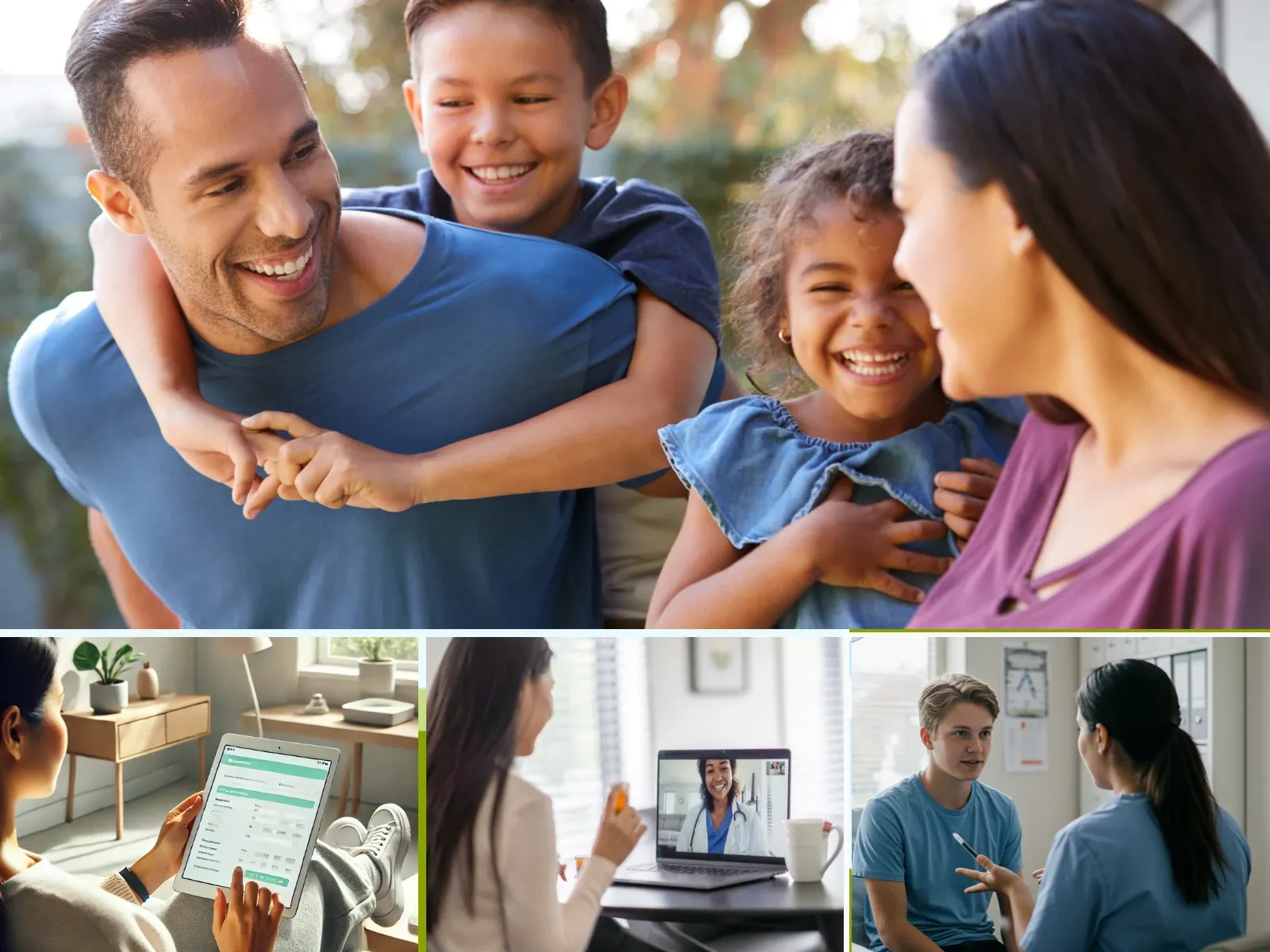 Images showing Everhealth College Station provides psychiatric services for all ages, including children, adolescents, adults, and older adults. Services also show that both in-office and home virtual visits are possible. Psychiatric intake and assessment uses online system to streamline services.