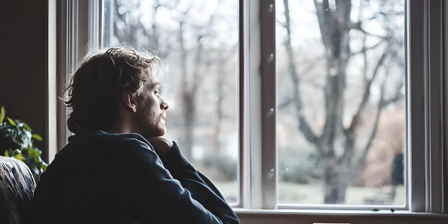 Man looking out window